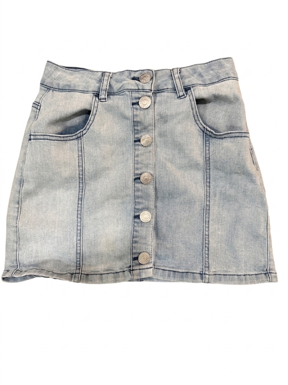 Almost Famous Junior’s Light Wash Denim Button-Front Mini Skirt Size 1